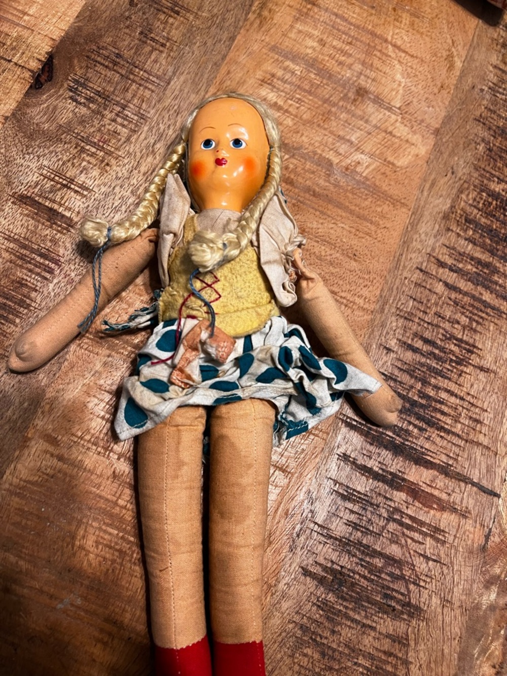 Polish Vintage Cloth Doll with Blonde Braids and Polka Dot Skirt